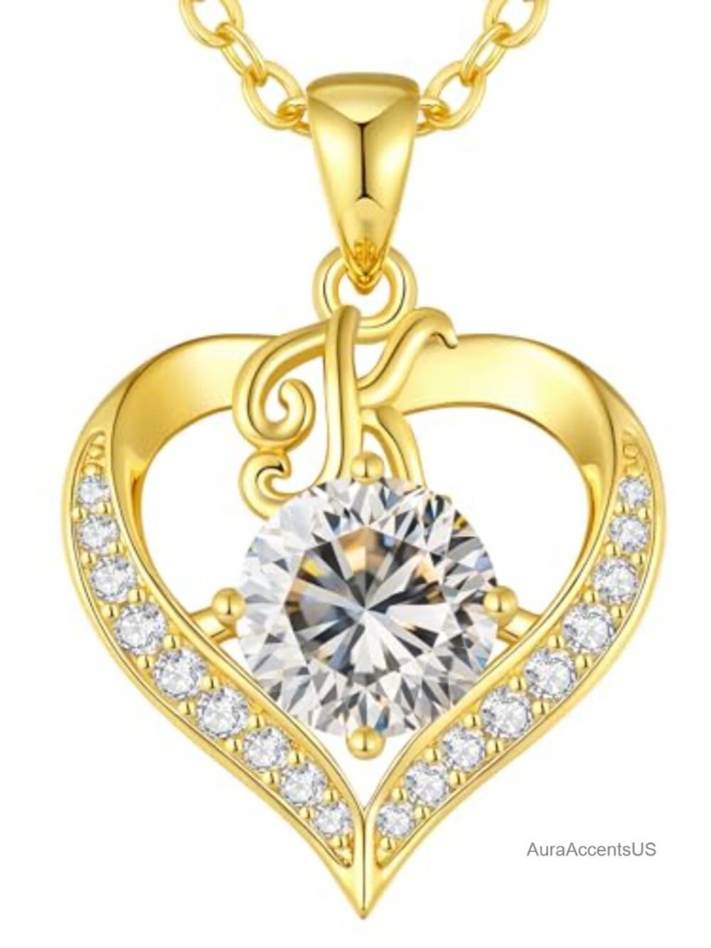 18K Gold Plated Initial Heart Moissanite Pendant Necklace 925 Silver